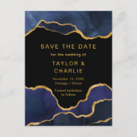 Navy Blue and Gold Painted Agate Save the Date Pos