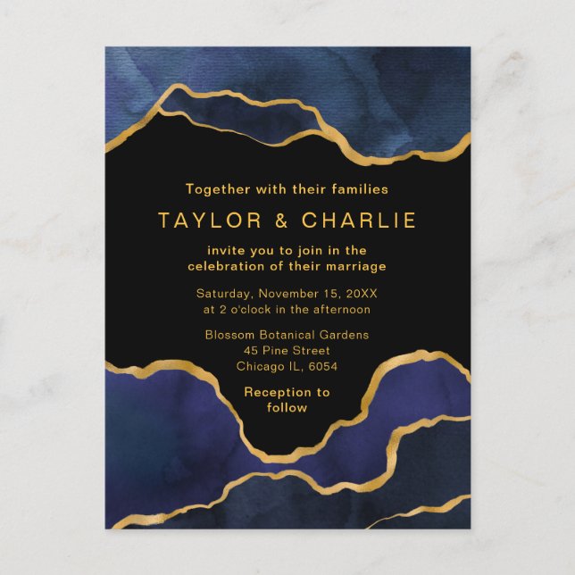 Navy Blue and Gold Painted Agate Wedding Postcard (Front)