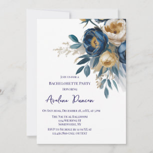 Navy Blue and Gold Peony Flower Bachelorette Party Invitation