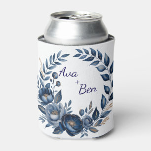 Navy Blue and Gold Peony Flower Wedding  Can Cooler