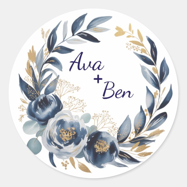 Navy Blue and Gold Peony Flower Wedding Classic Round Sticker (Front)