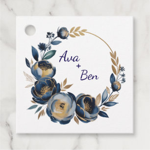 Navy Blue and Gold Peony Flower Wedding Favour Tags