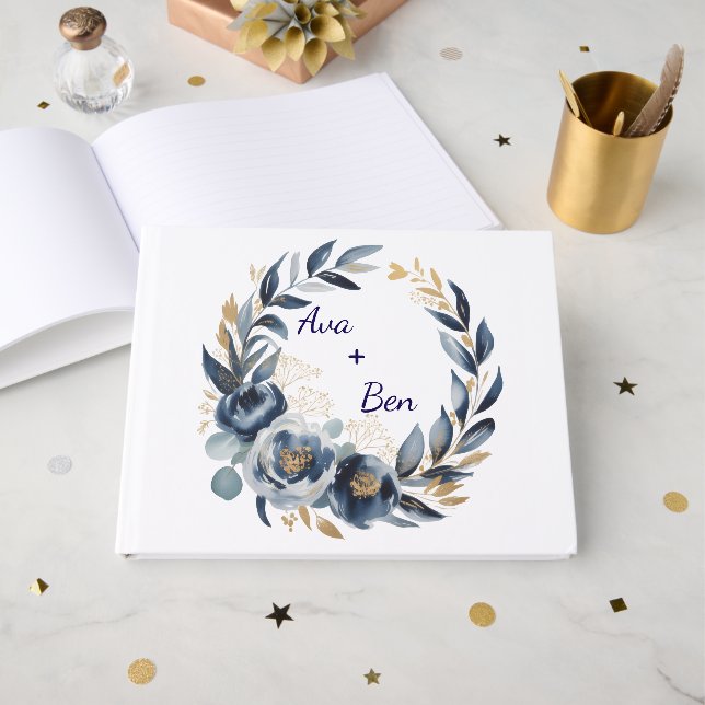Navy Blue and Gold Peony Flower Wedding Guest Book (Front Open)