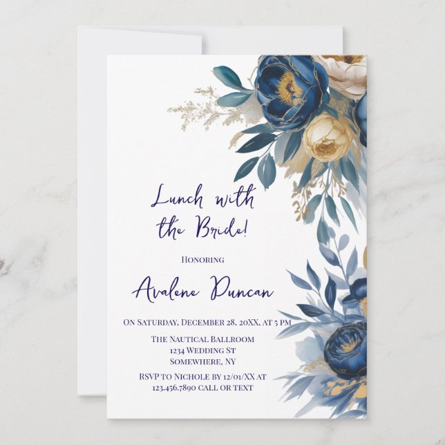 Navy Blue and Gold Peony Lunch With The Bride Invitation (Front)