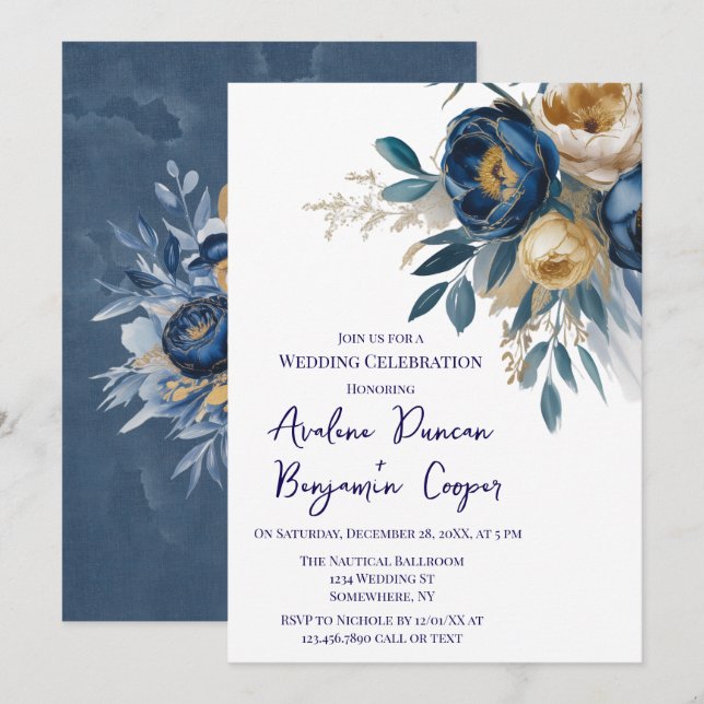 Navy Blue and Gold Peony Wedding Celebration  Invitation (Front/Back)
