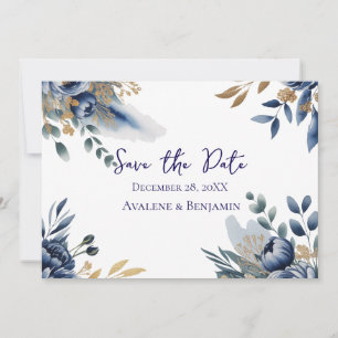 Navy Blue and Gold Peony Wedding Thank You Card