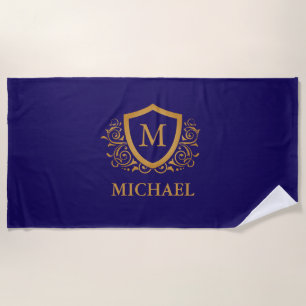 Navy Blue and Gold Personalised Monogram Name Beach Towel