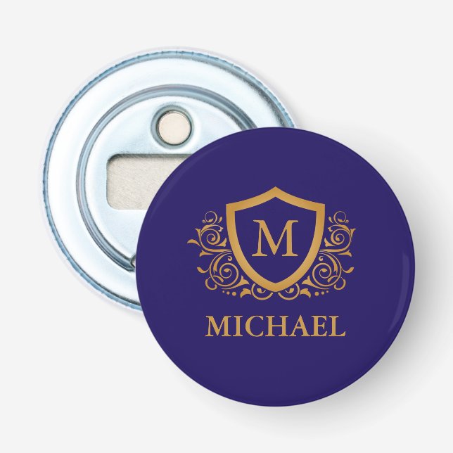 Navy Blue and Gold Personalised Monogram Name Bottle Opener (Front)