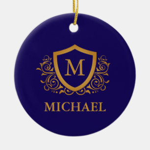 Navy Blue and Gold Personalised Monogram Name Ceramic Tree Decoration