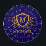 Navy Blue and Gold Personalised Monogram Name Dartboard<br><div class="desc">Navy Blue and Gold Personalised Stylish Monogram Name. For further customisation,  please click the "Customise it" button and use our design tool to modify this template.</div>
