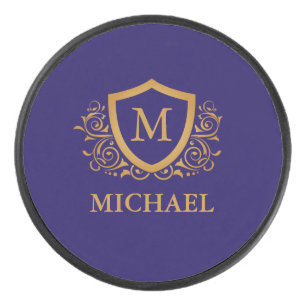 Navy Blue and Gold Personalised Monogram Name Hockey Puck