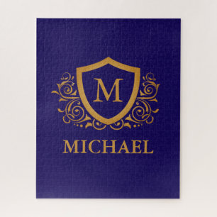 Navy Blue and Gold Personalised Monogram Name Jigsaw Puzzle