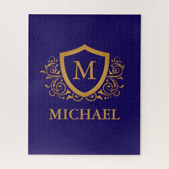 Navy Blue and Gold Personalised Monogram Name Jigsaw Puzzle (Vertical)