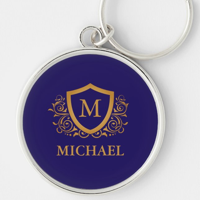Navy Blue and Gold Personalised Monogram Name Key Ring (Front)