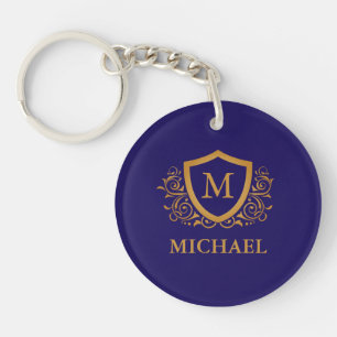 Navy Blue and Gold Personalised Monogram Name Key Ring