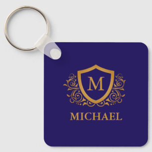 Navy Blue and Gold Personalised Monogram Name Key Ring