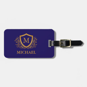 Navy Blue and Gold Personalised Monogram Name Luggage Tag
