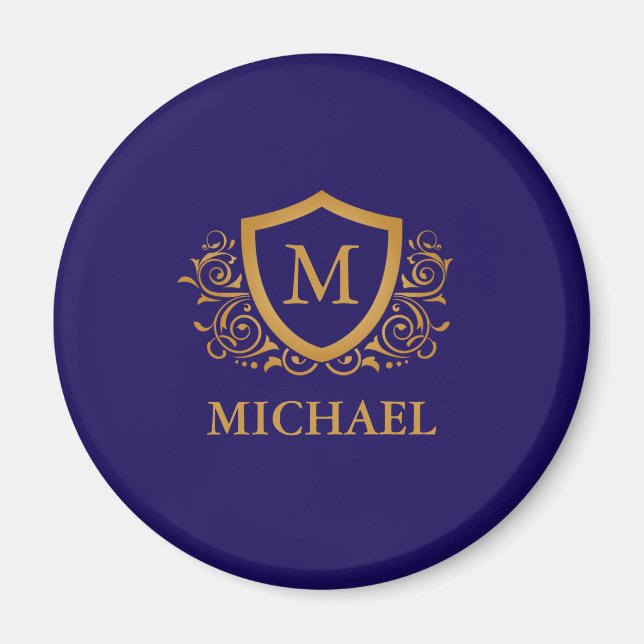 Navy Blue and Gold Personalised Monogram Name Magnet (Front)