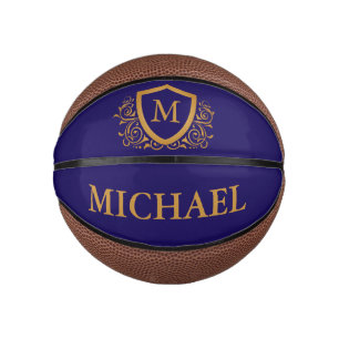 Navy Blue and Gold Personalised Monogram Name Mini Basketball