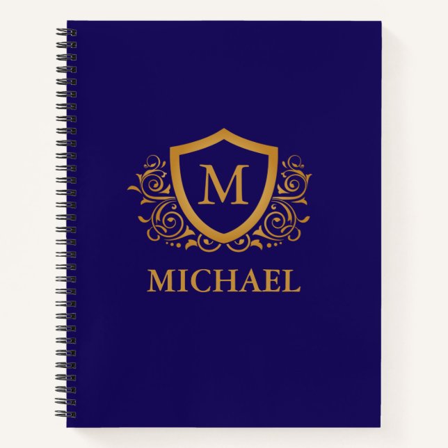 Navy Blue and Gold Personalised Monogram Name Notebook (Front)