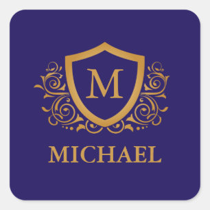Navy Blue and Gold Personalised Monogram Name Square Sticker