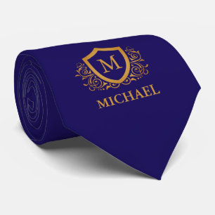 Navy Blue and Gold Personalised Monogram Name Tie