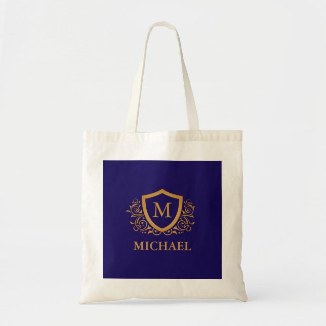 Navy Blue and Gold Personalised Monogram Name Tote Bag (Front)