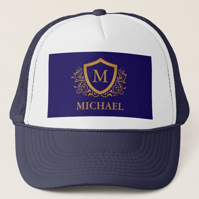 Navy Blue and Gold Personalised Monogram Name Trucker Hat (Front)