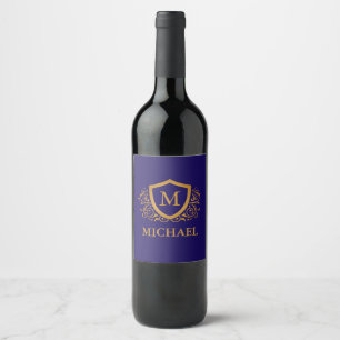 Navy Blue and Gold Personalised Monogram Name Wine Label