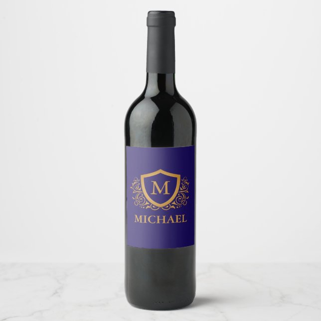 Navy Blue and Gold Personalised Monogram Name Wine Label (Front)
