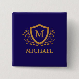 Navy Blue and Gold Personalized Monogram Name 15 Cm Square Badge
