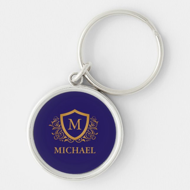 Navy Blue and Gold Personalized Monogram Name Key Ring (Front)