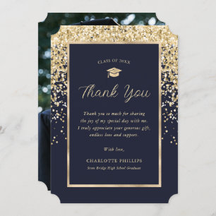 Navy Blue and Gold Photo Graduation Thank You Card
