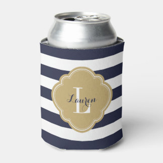 Navy Blue and Gold Preppy Stripes Monogram Can Cooler