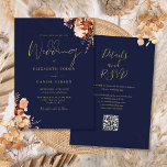 Navy Blue And Gold QR Code Fall Wedding Invitation<br><div class="desc">This elegant autumn fall wedding invitation can be personalised with your information in chic typography with your wedding website details and your QR code on the reverse. Designed by Thisisnotme©</div>