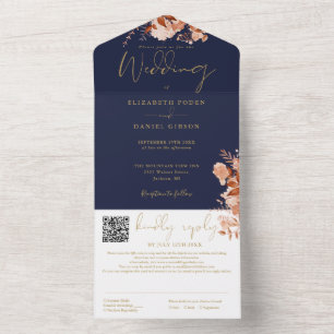Navy Blue And Gold Rustic Floral QR Code Wedding All In One Invitation