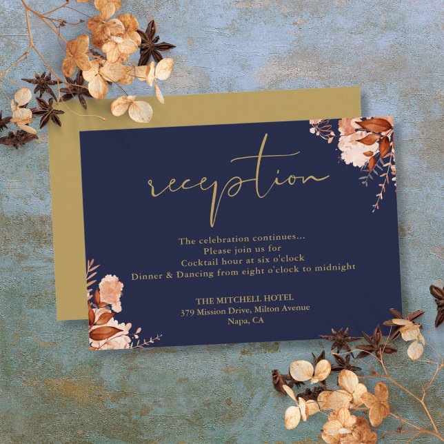 Navy Blue And Gold Rustic Floral Wedding Reception Enclosure Card (Navy Blue And Gold Rustic Floral Wedding Reception Enclosure Card)