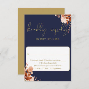 Navy Blue And Gold Rustic Floral Wedding RSVP Card