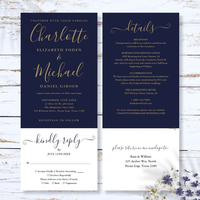 Navy Blue And Gold Script All In One Wedding Invitation (Navy Blue And Gold Script All In One Wedding Invitation)