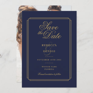 Navy Blue and Gold Script Art Deco Photo Wedding Save The Date