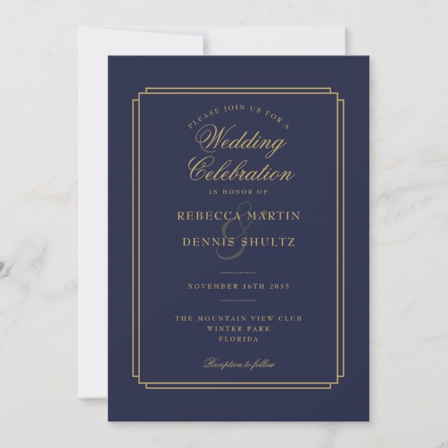 Navy Blue and Gold Script Art Deco Wedding Invitation (Front)