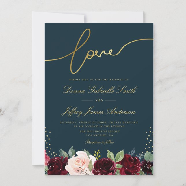 Navy blue and gold script burgundy floral wedding invitation (Front)