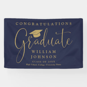 Navy Blue And Gold Script Graduation Party Banner