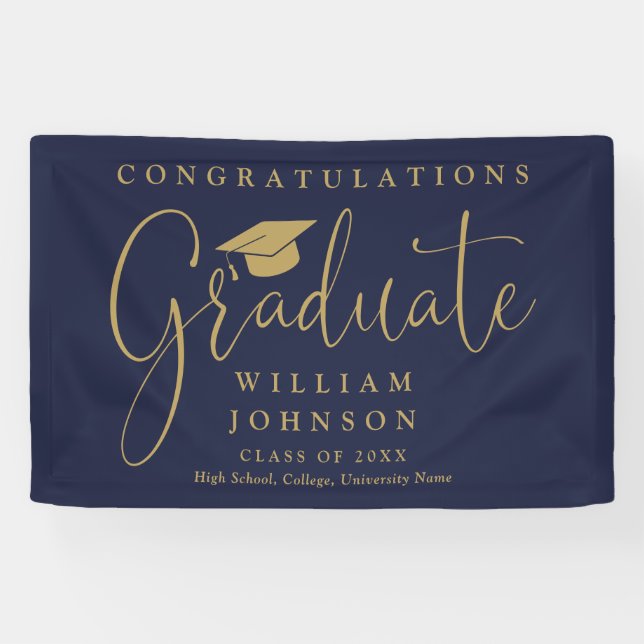 Navy Blue And Gold Script Graduation Party Banner (Horizontal)