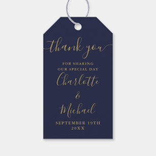 Navy Blue And Gold Script Thank You Wedding Favor Gift Tags