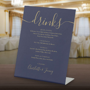 Navy Blue And Gold Script Wedding Drinks Menu  Pedestal Sign