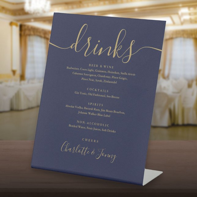 Navy Blue And Gold Script Wedding Drinks Menu  Pedestal Sign (Navy Blue And Gold Script Wedding Drinks Menu Pedestal Sign)