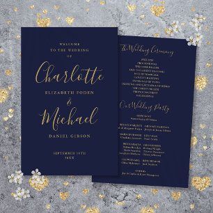Navy Blue And Gold Script Wedding Program