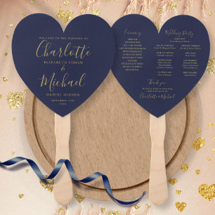 Navy Blue And Gold Script Wedding Program Hand Fan