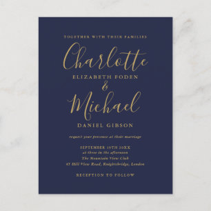 Navy Blue And Gold Signature Script Photo Wedding Invitation Postcard